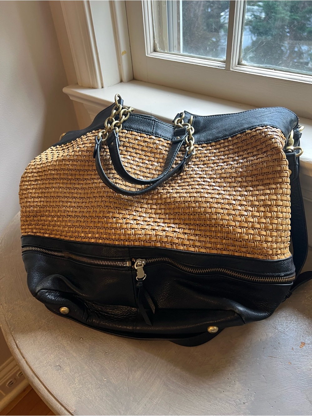 Vince Camuto Black and Natural Woven Tote with Chain Handles
